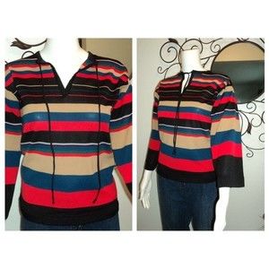 SOLD Vtg 70's Stripe Bell Sleeve Top Bold Red Black Blue Tan - Size S/M